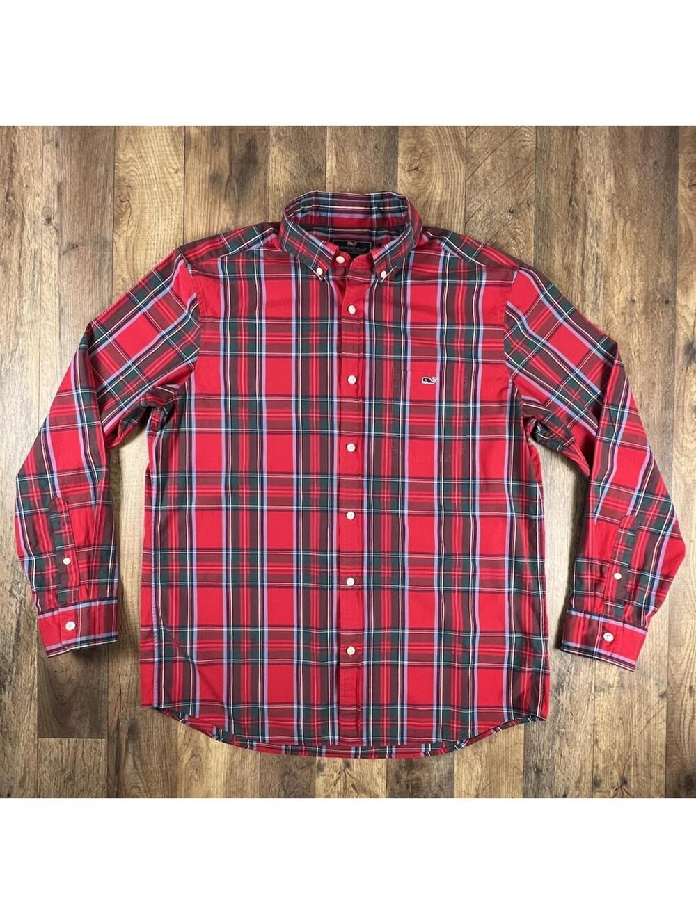 Vineyard Vines Classic Fit Tucker Shirt Men's Large Red Tartan Plaid Long Sleeve